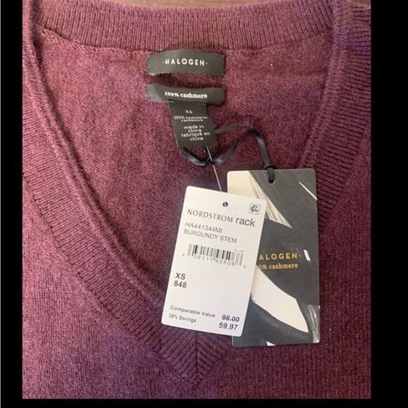Halogen  pure 100% cashmere V neck sweater size XS, burgundy NWT - Picture 11 of 11